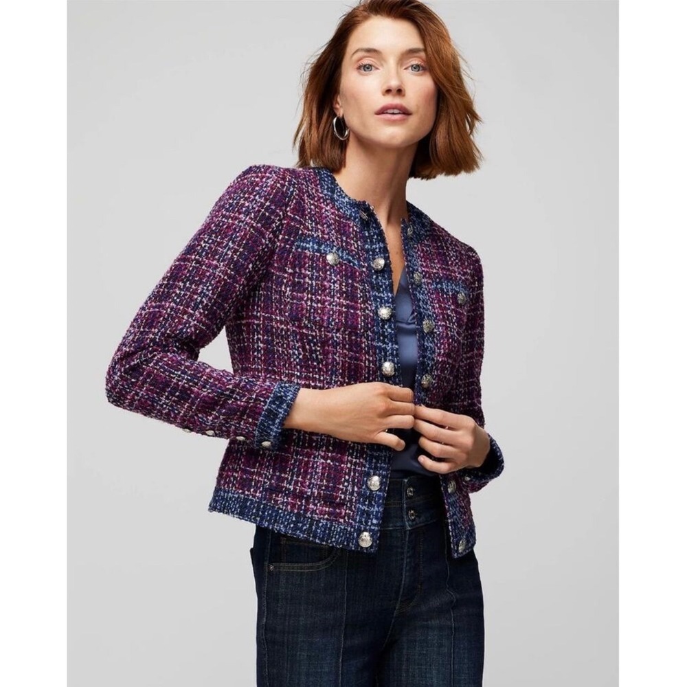WHITE HOUSE BLACK MARKET Navy Purple Pink Cream Tweed Stylist Blazer Jacket